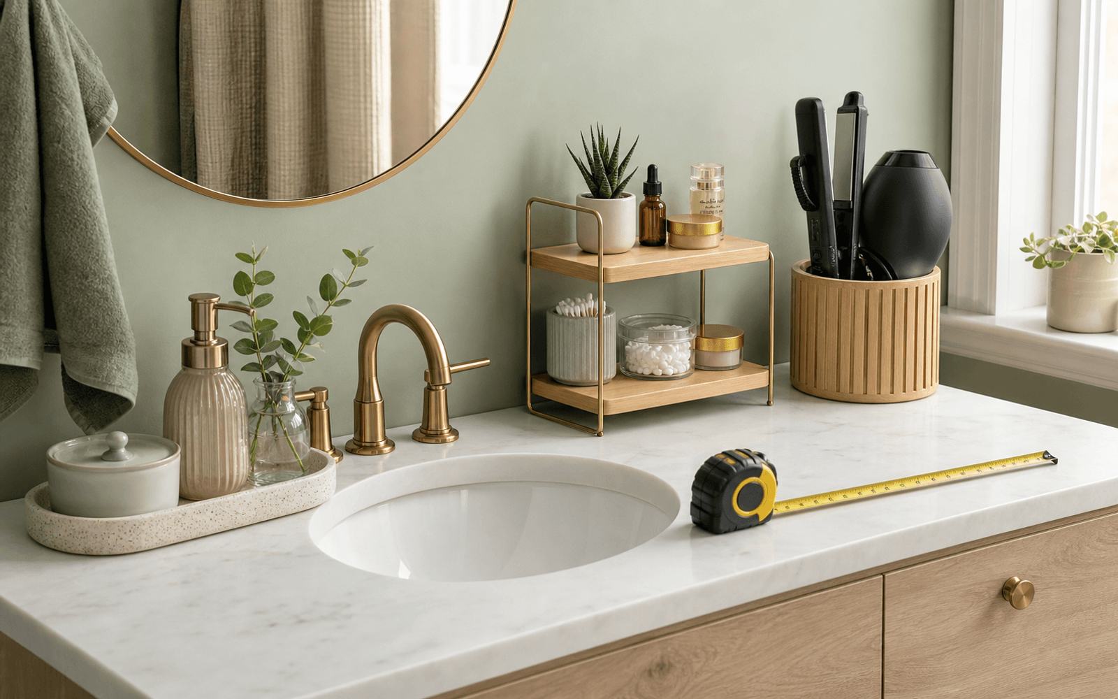 Bathroom vanity with countertop trays, tiered organizers, hair-tool storage, and a measuring tape
