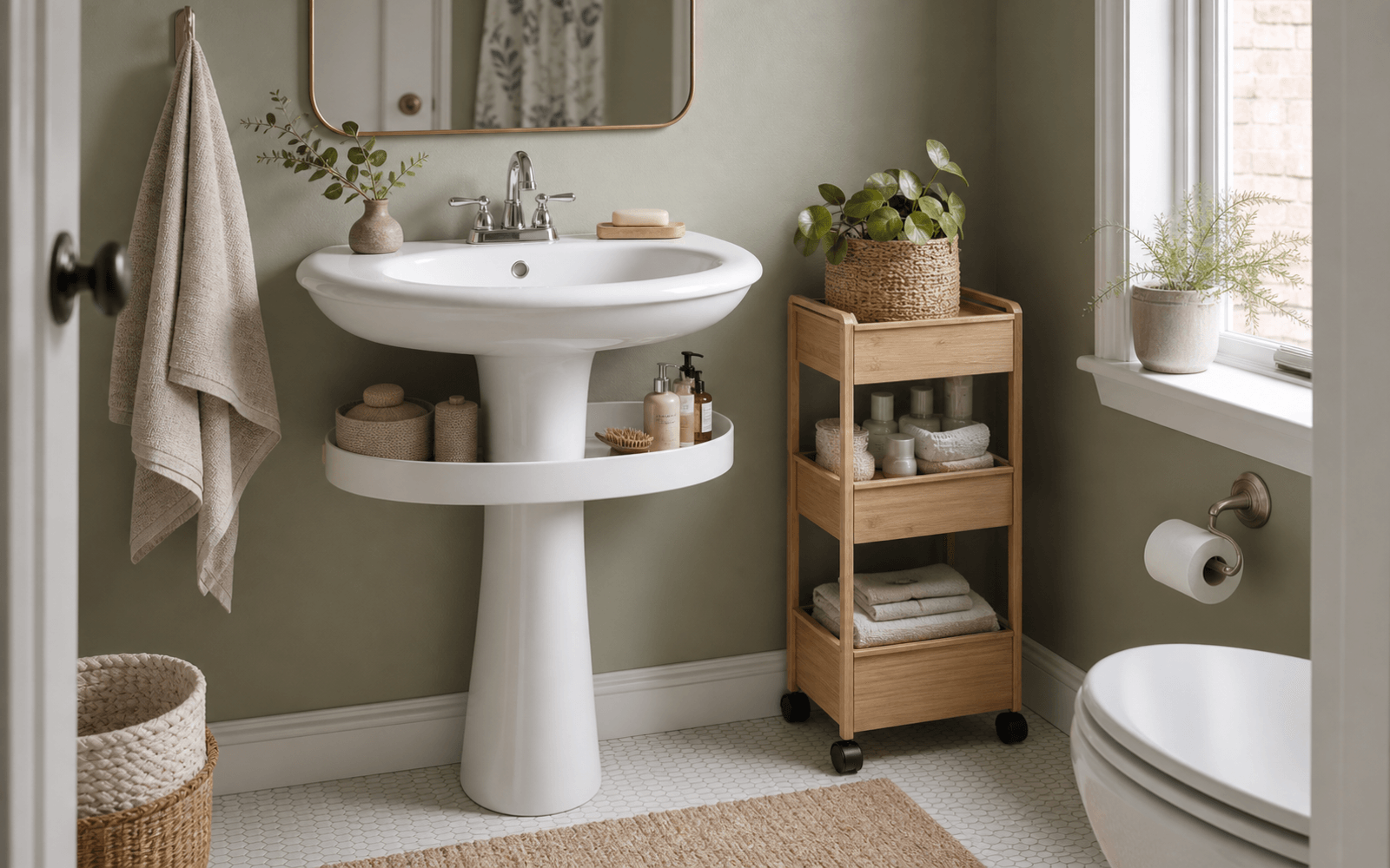 Pedestal sink bathroom with wraparound storage, a slim cart, and toiletries grouped by fit