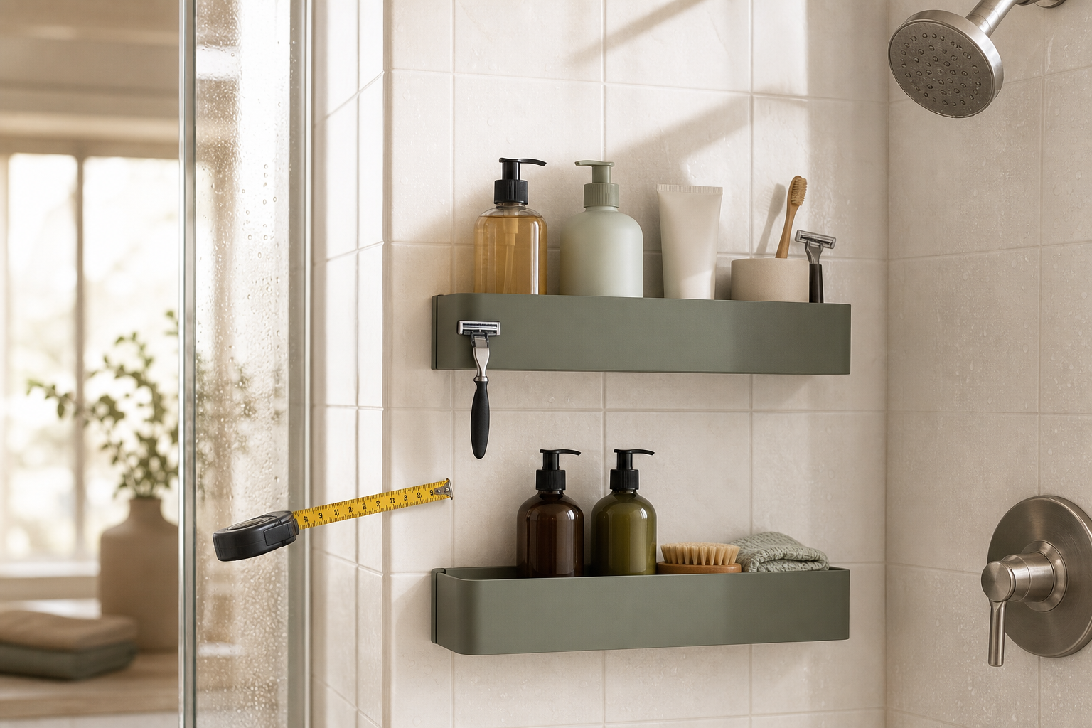Adhesive shower shelf in a compact bathroom storage scene