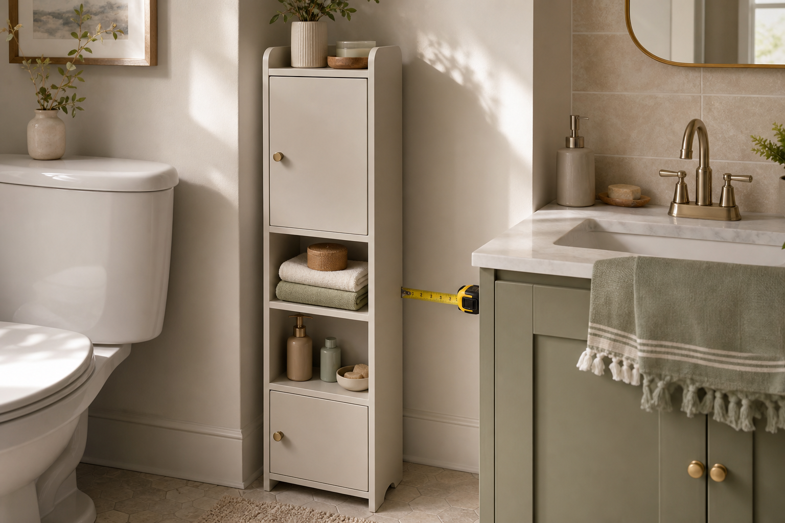 Freestanding bathroom cabinet in a compact bathroom storage scene