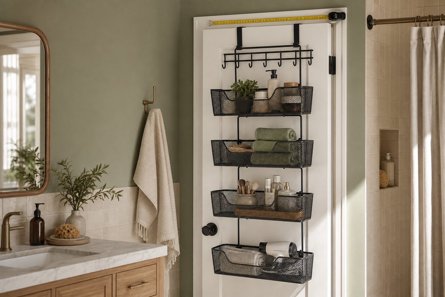 Over-door bathroom organizer in a compact bathroom storage scene