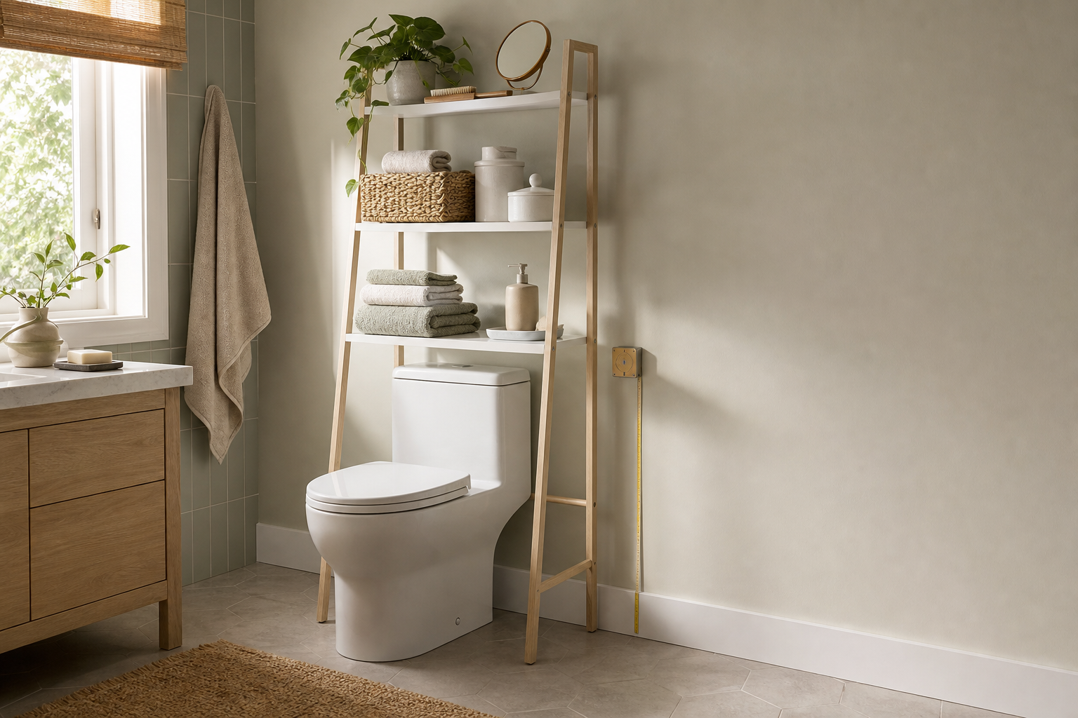 Over-the-toilet ladder shelf in a compact bathroom storage scene