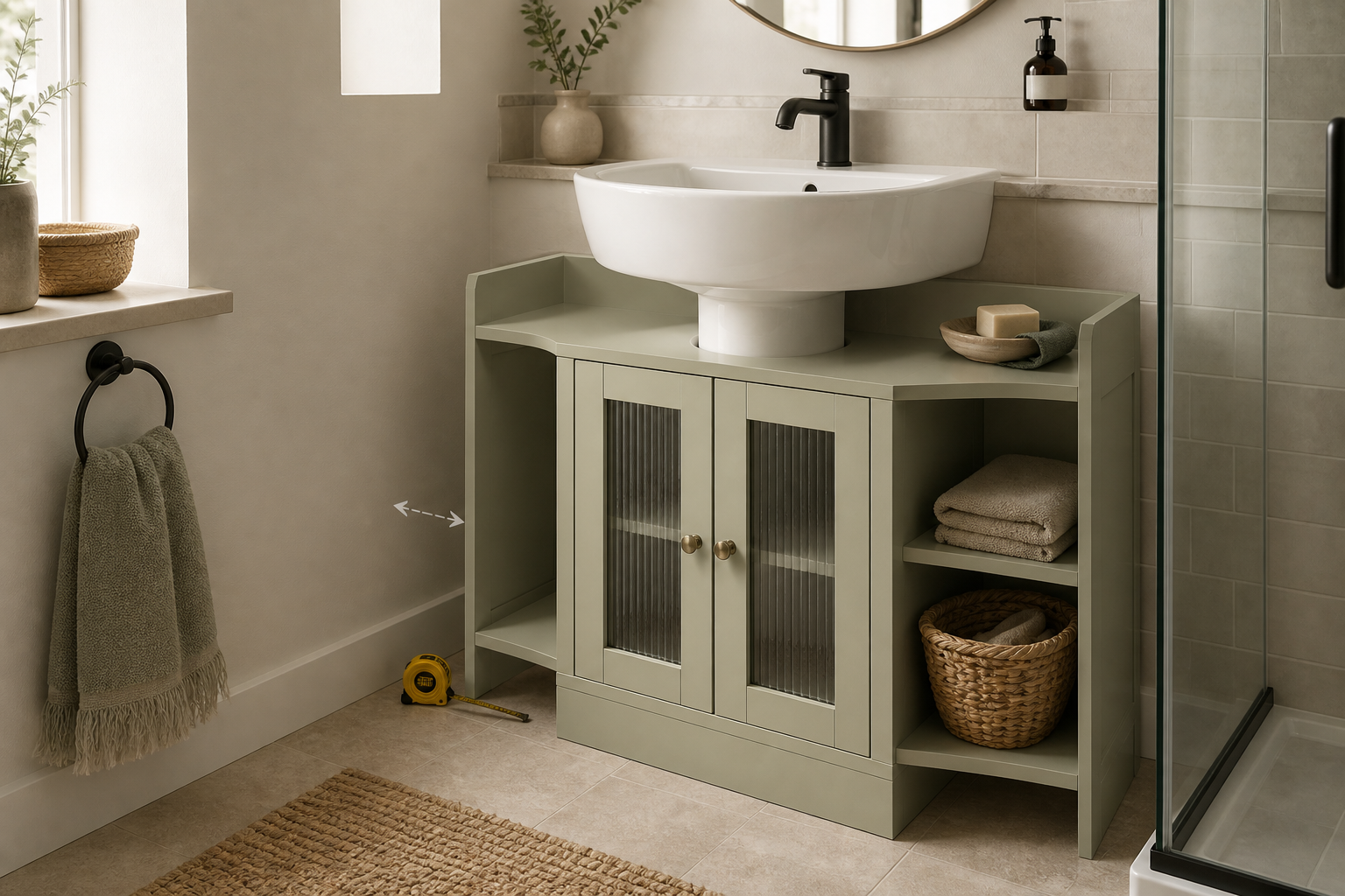 Pedestal sink cabinet in a compact bathroom storage scene