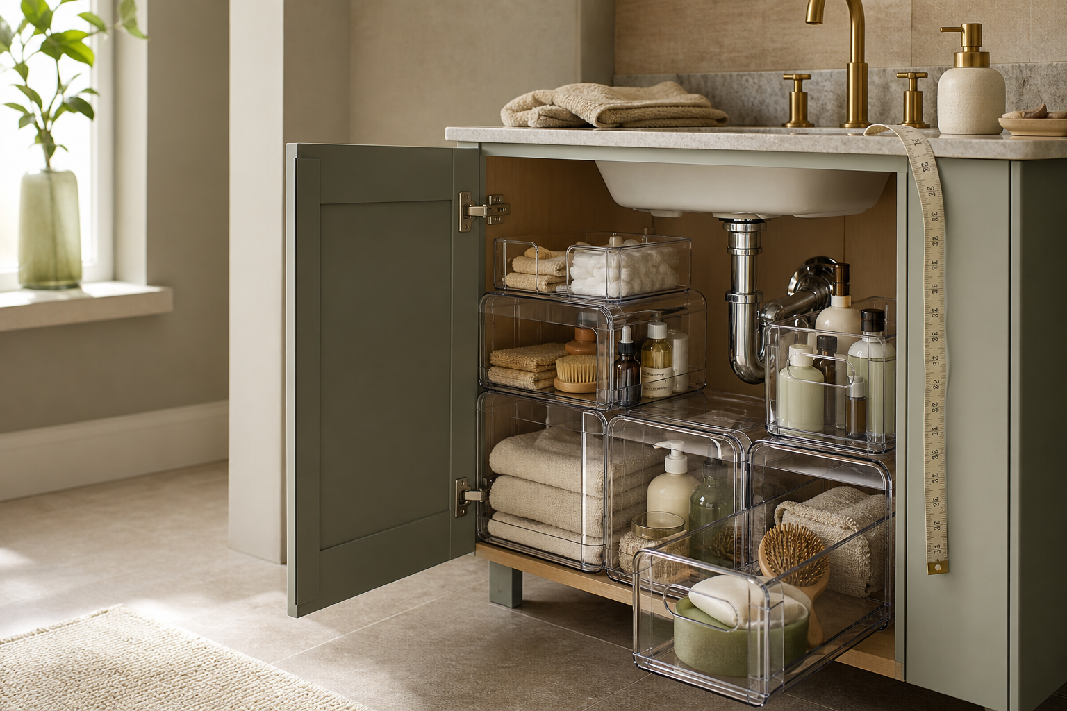 Stackable under-sink bin in a compact bathroom storage scene