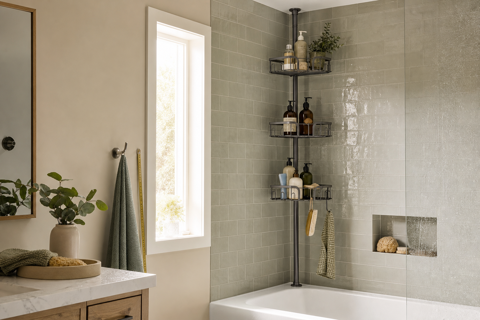 Tension-pole shower caddy in a compact bathroom storage scene
