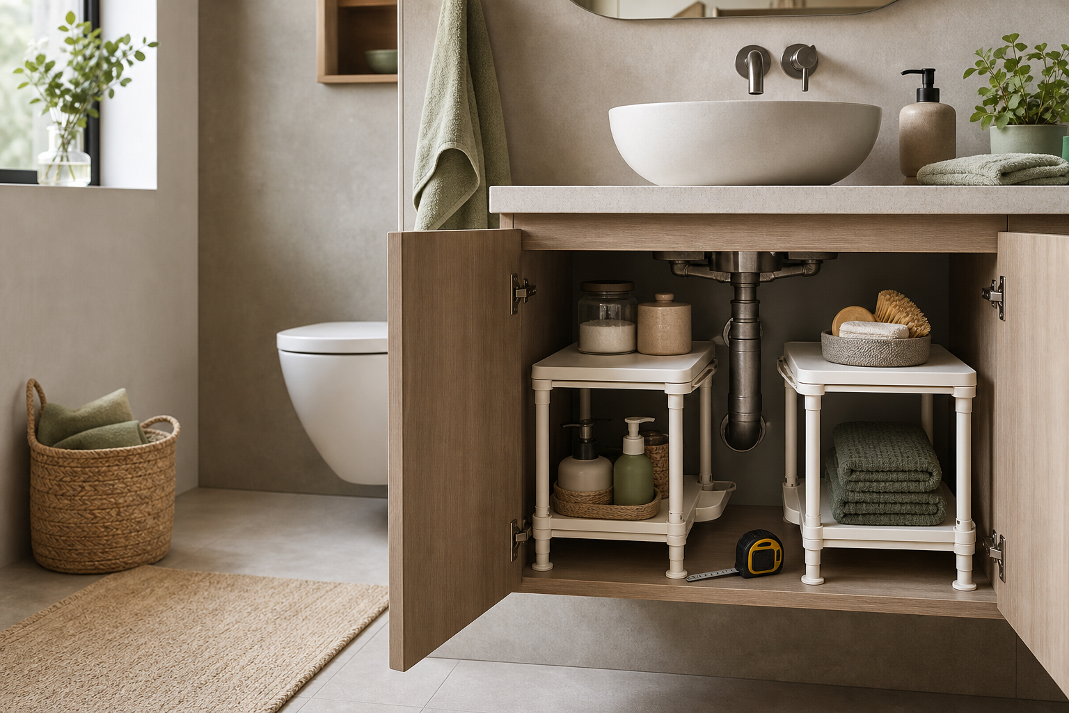 U-shaped under-sink organizer in a compact bathroom storage scene