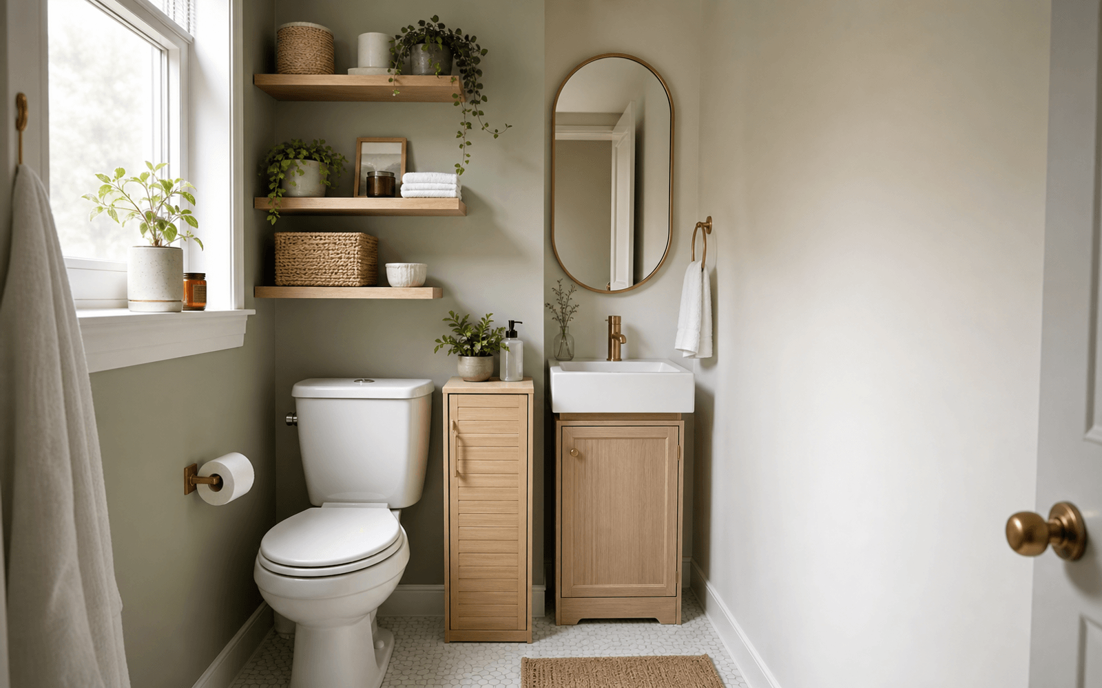 Tiny bathroom with over-toilet storage, slim floor storage, and measured open wall space